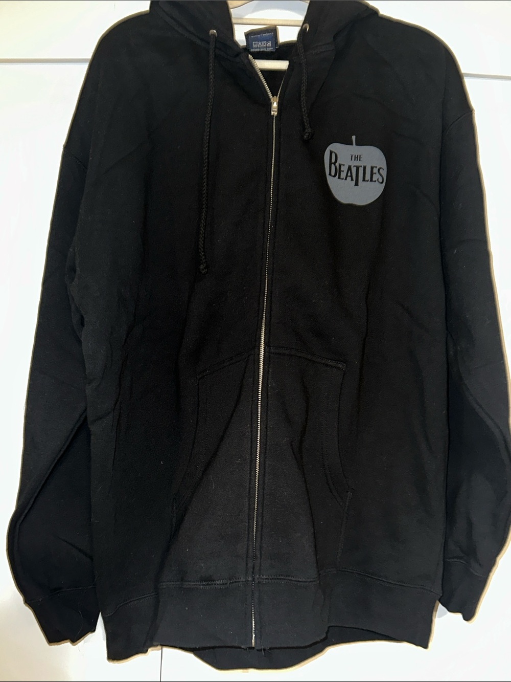 Vintage Beatles Black Full-Zip Heavy Hoodie with Beatles Apple Logo on Front, XL